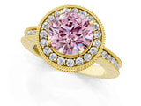 Yellow gold Fancy Pink Round  Halo Diamond Engagement Ring with Milgrain Pave Band and Four-Prong Setting_13