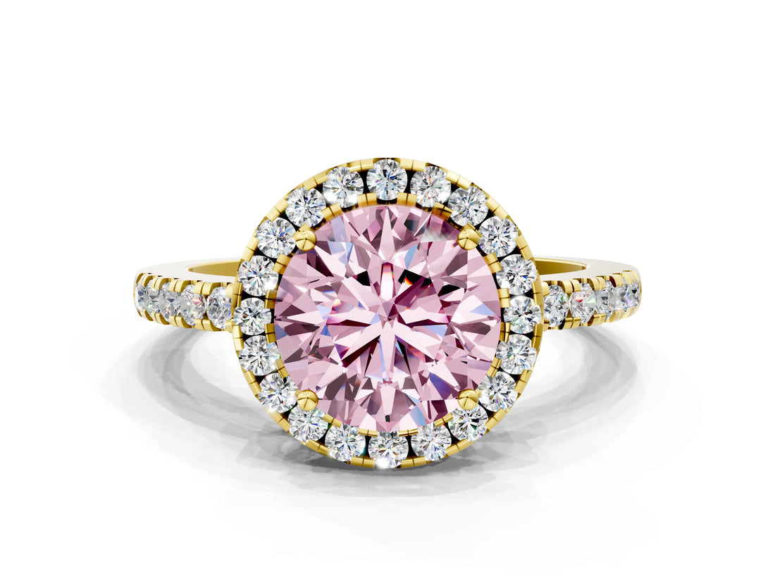 Yellow gold Fancy Pink Round  Halo Diamond Engagement Ring with Pavé Band and Four-Prong Setting_81
