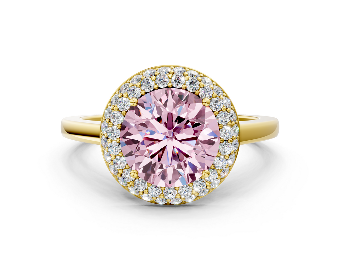 Yellow gold Fancy Pink Round  Halo Diamond Engagement Ring with Solitaire Band and Four-Prong Setting