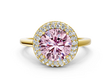 Yellow gold Fancy Pink Round  Halo Diamond Engagement Ring with Solitaire Band and Four-Prong Setting