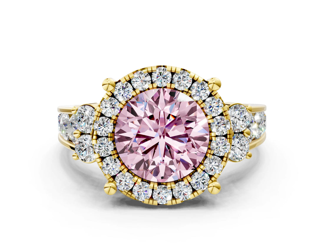 Yellow gold Fancy Pink Round  Halo Diamond Engagement Ring with Split Shank and Four-Prong Setting_23