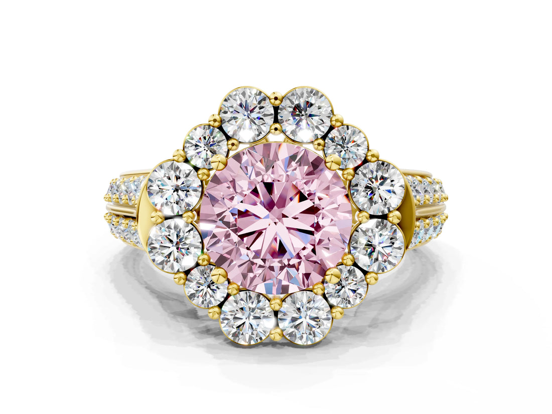 Yellow gold Fancy Pink Round  Halo Diamond Engagement Ring with Split Shank and Prong Setting_29