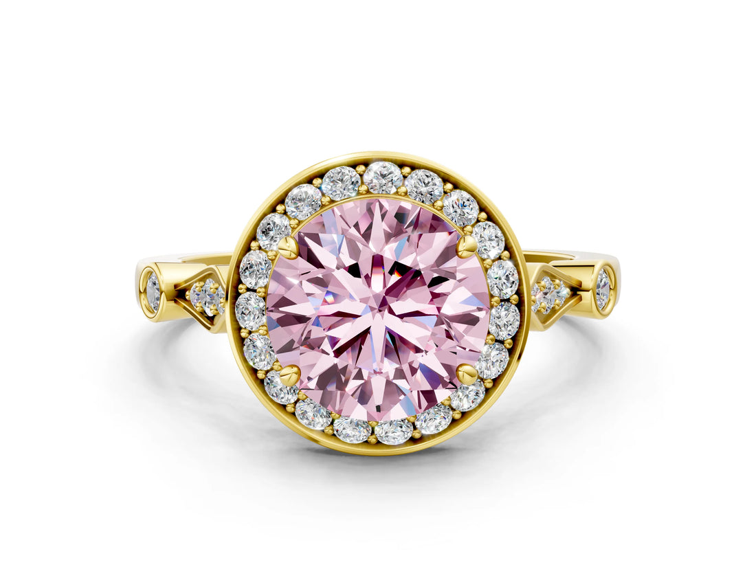 Yellow gold Fancy Pink Round  Halo Diamond Engagement Ring with Twisted Band and Four-Prong Setting 1