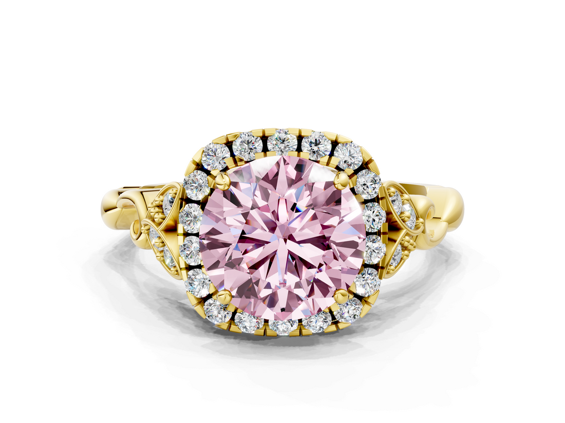 Yellow gold Fancy Pink Round  Halo Diamond Engagement Ring with Vintage-Inspired Band and Four-Prong Setting_3