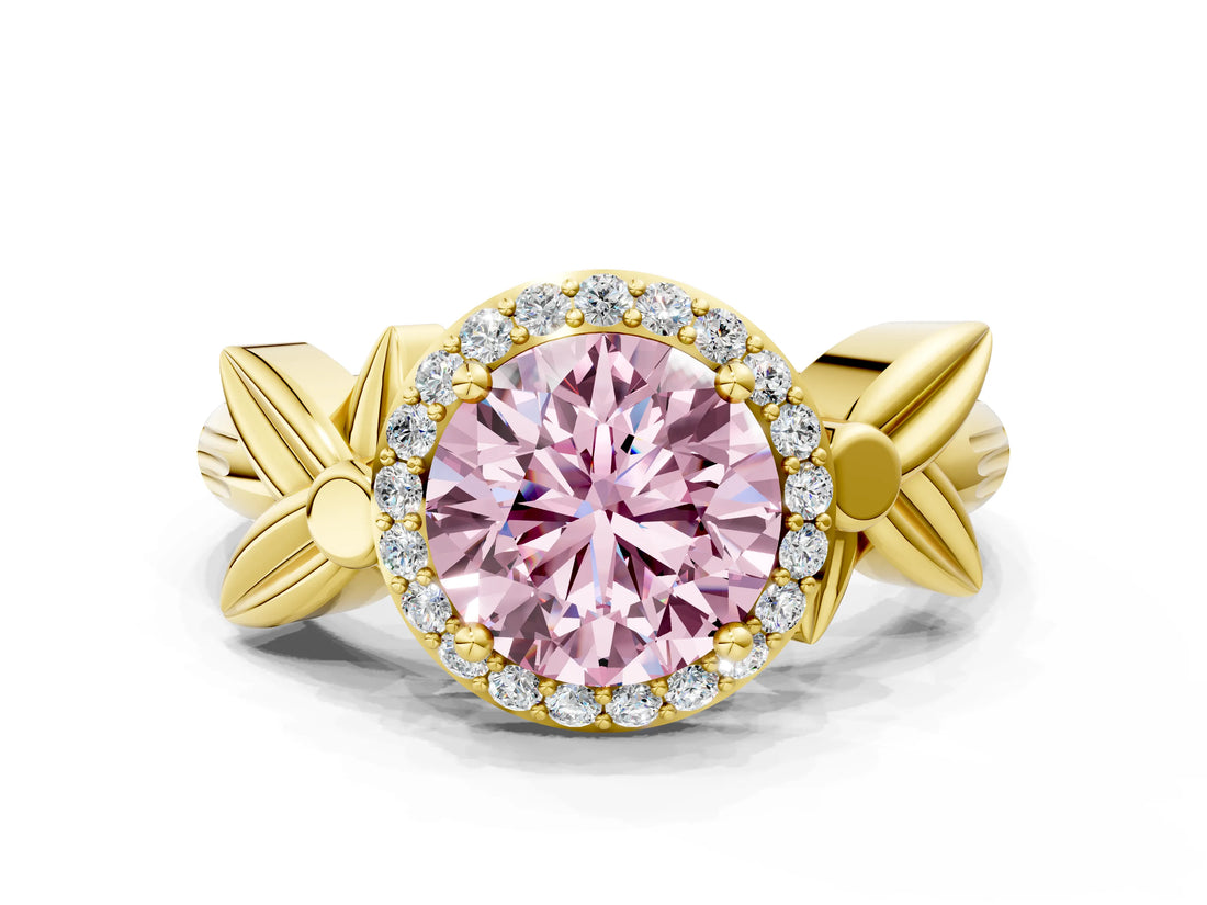 Yellow gold Fancy Pink Round  Halo Diamond Floral Band with Four-Prong Setting_35