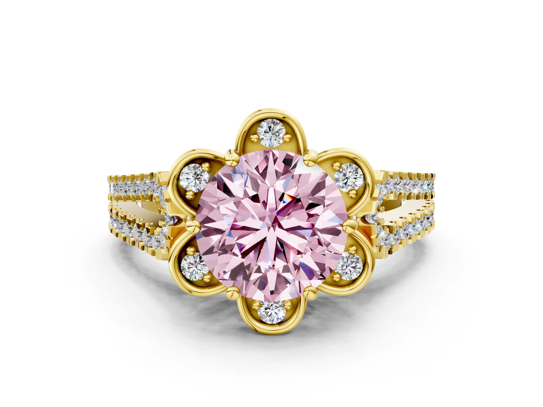 Yellow gold Fancy Pink Round  Halo Diamond Floral Split Shank Engagement Ring 1