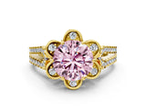 Yellow gold Fancy Pink Round  Halo Diamond Floral Split Shank Engagement Ring 1