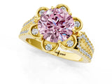 Yellow gold Fancy Pink Round  Halo Diamond Floral Split Shank Engagement Ring 2