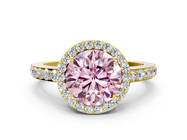 Yellow gold Fancy Pink Round  Halo Diamond Pavé Band Ring with Prong Setting