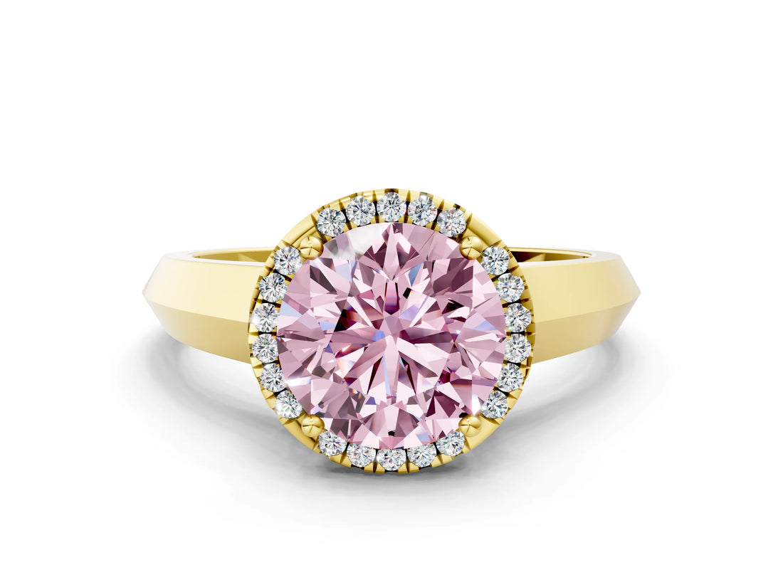 Yellow gold Fancy Pink Round  Halo Diamond Ring with Cathedral Band and Four-Prong Setting_28