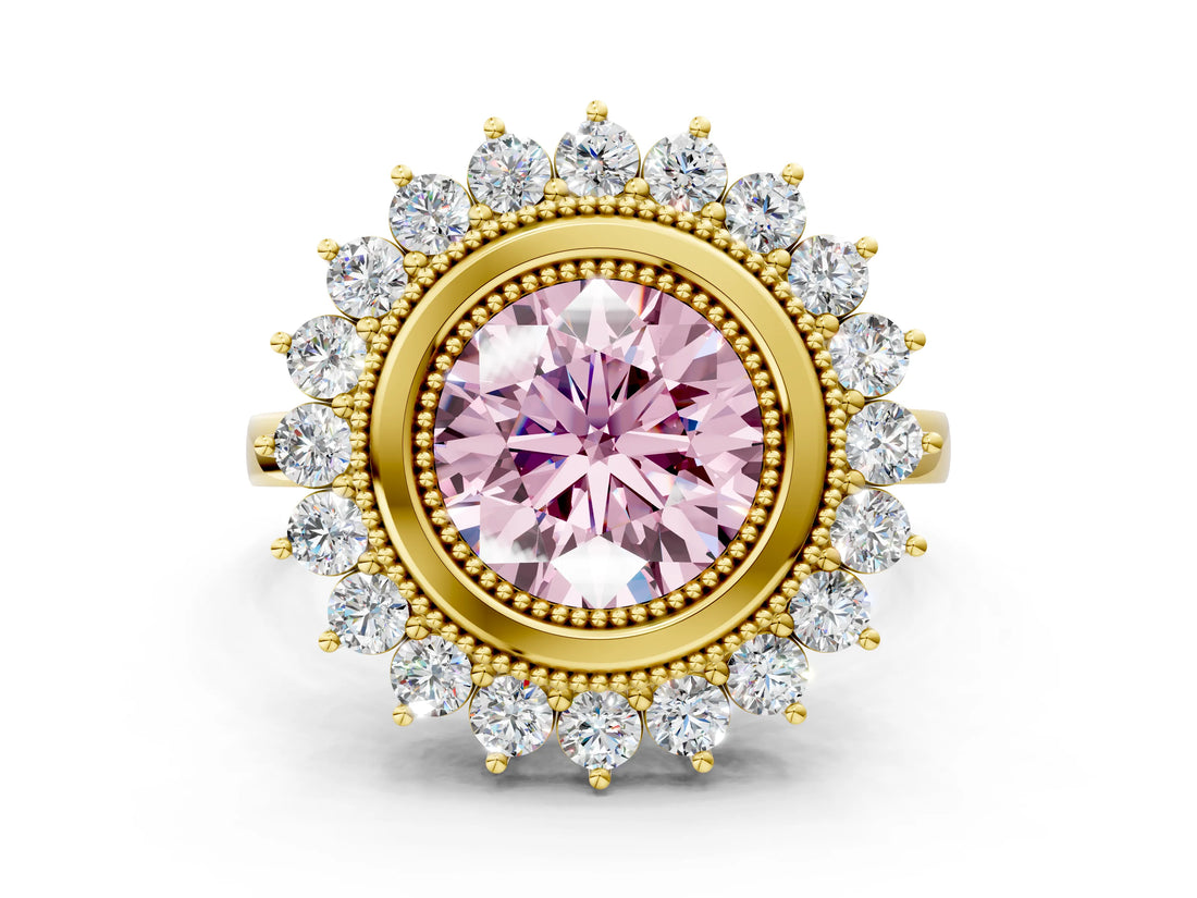 Yellow gold Fancy Pink Round  Halo Diamond Ring with Milgrain Edge and Round Prong Setting_23