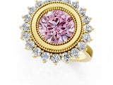 Yellow gold Fancy Pink Round  Halo Diamond Ring with Milgrain Edge and Round Prong Setting_24