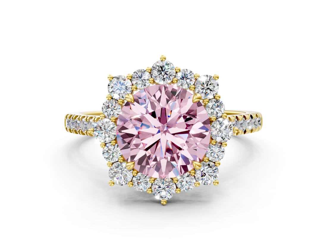 Yellow gold Fancy Pink Round  Halo Diamond Ring with Pavé Band and Prong Setting_22