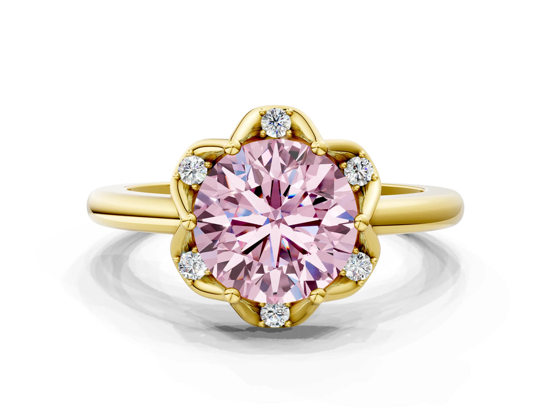 Yellow gold Fancy Pink Round  Halo Diamond Ring with Round Cluster Setting, Solitaire Band, and Four-Prong Setting_29