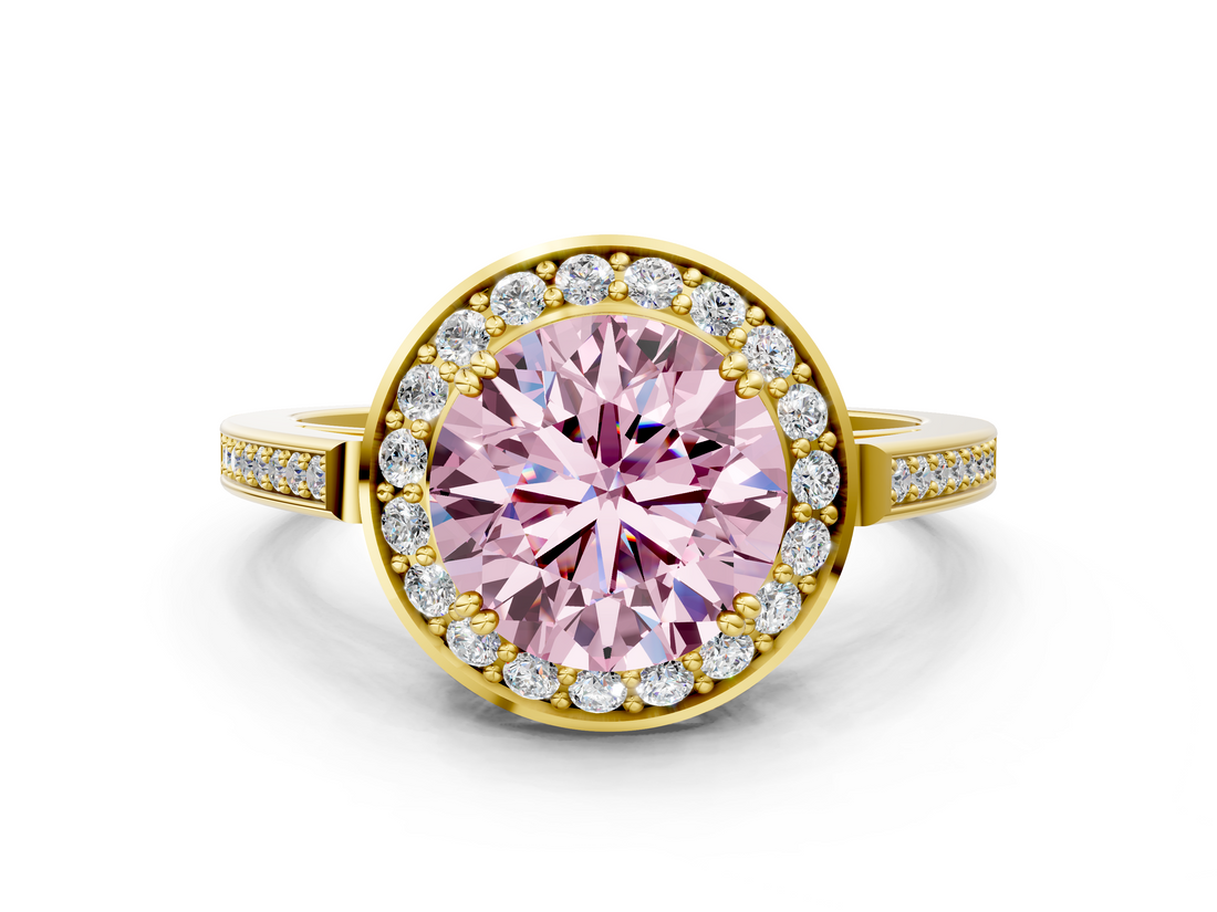 Yellow gold Fancy Pink Round  Halo Diamond Ring with Split Shank and Four-Prong Setting