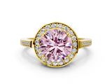 Yellow gold Fancy Pink Round  Halo Diamond Ring with Split Shank and Four-Prong Setting