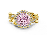 Yellow gold Fancy Pink Round  Halo Diamond Ring with Vintage Split Shank and Four-Prong Setting