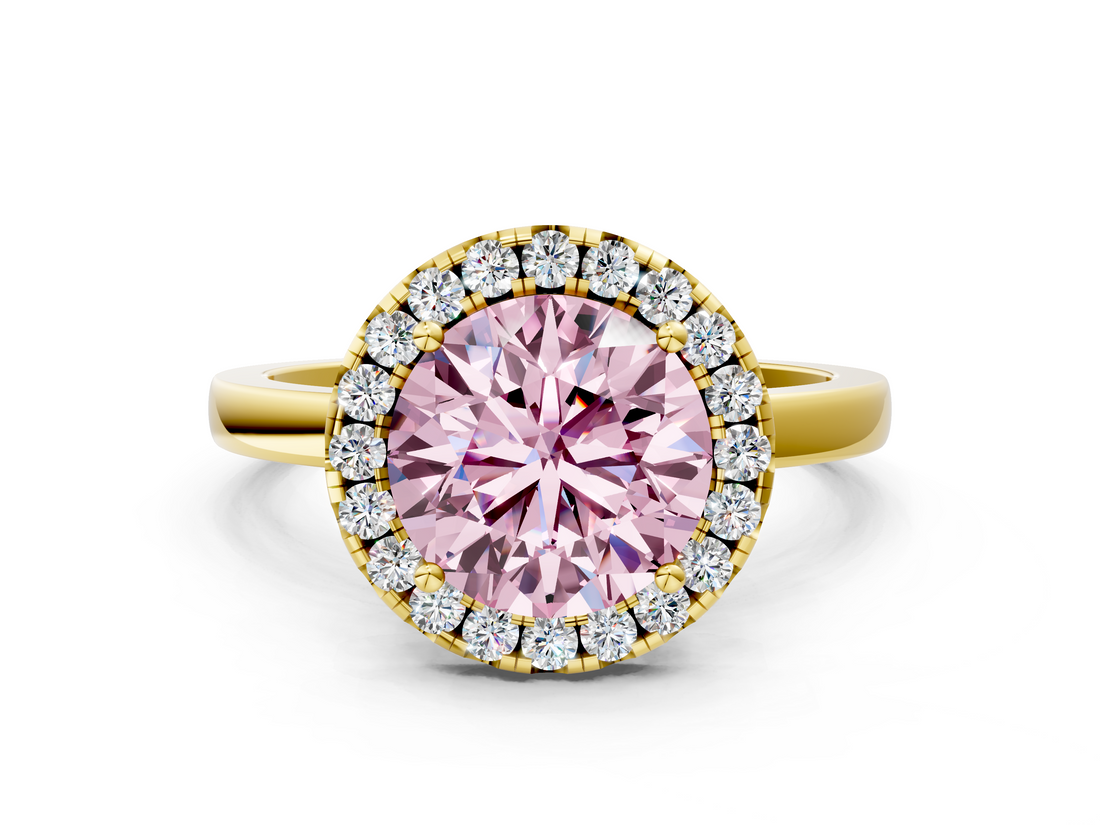 Yellow gold Fancy Pink Round  Halo Diamond Solitaire with Pavé Band and Four-Prong Setting