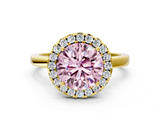 Yellow gold Fancy Pink Round  Halo Diamond Solitaire with Pavé Band and Four-Prong Setting