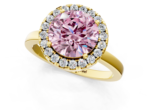 Yellow gold Fancy Pink Round  Halo Diamond Solitaire with Pavé Band and Four-Prong Setting