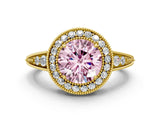 Yellow gold Fancy Pink Round  Halo Diamond Split Shank Ring with Milgrain Detail_28