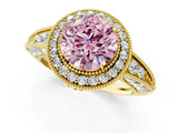 Yellow gold Fancy Pink Round  Halo Diamond Split Shank Ring with Milgrain Detail_29