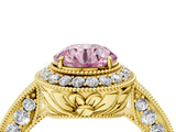 Yellow gold Fancy Pink Round  Halo Diamond Split Shank Ring with Milgrain Detail_32