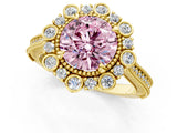 Yellow gold Fancy Pink Round  Halo Milgrain Pave Diamond Ring with Four-Prong Setting 1