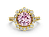 Yellow gold Fancy Pink Round  Halo Milgrain Pave Diamond Ring with Four-Prong Setting