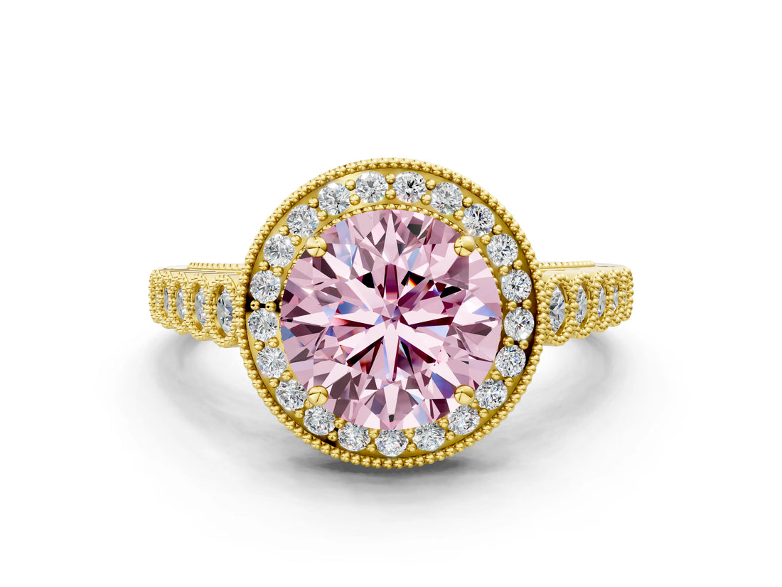 Yellow gold Fancy Pink Round  Halo Milgrain Solitaire with Bezel Set Side Stones and Pave Band_32