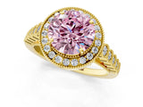 Yellow gold Fancy Pink Round  Halo Milgrain Solitaire with Bezel Set Side Stones and Pave Band_33