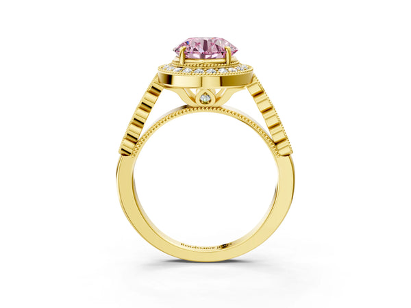 Yellow Gold Round Milgrain Halo Engagement Ring Setting for Fancy Pink Center with Graduated Band