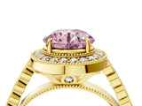 Yellow gold Fancy Pink Round  Halo Milgrain Solitaire with Bezel Set Side Stones and Pave Band_36