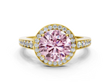 Yellow gold Fancy Pink Round  Halo Pavé Diamond Engagement Ring with Bezel Setting