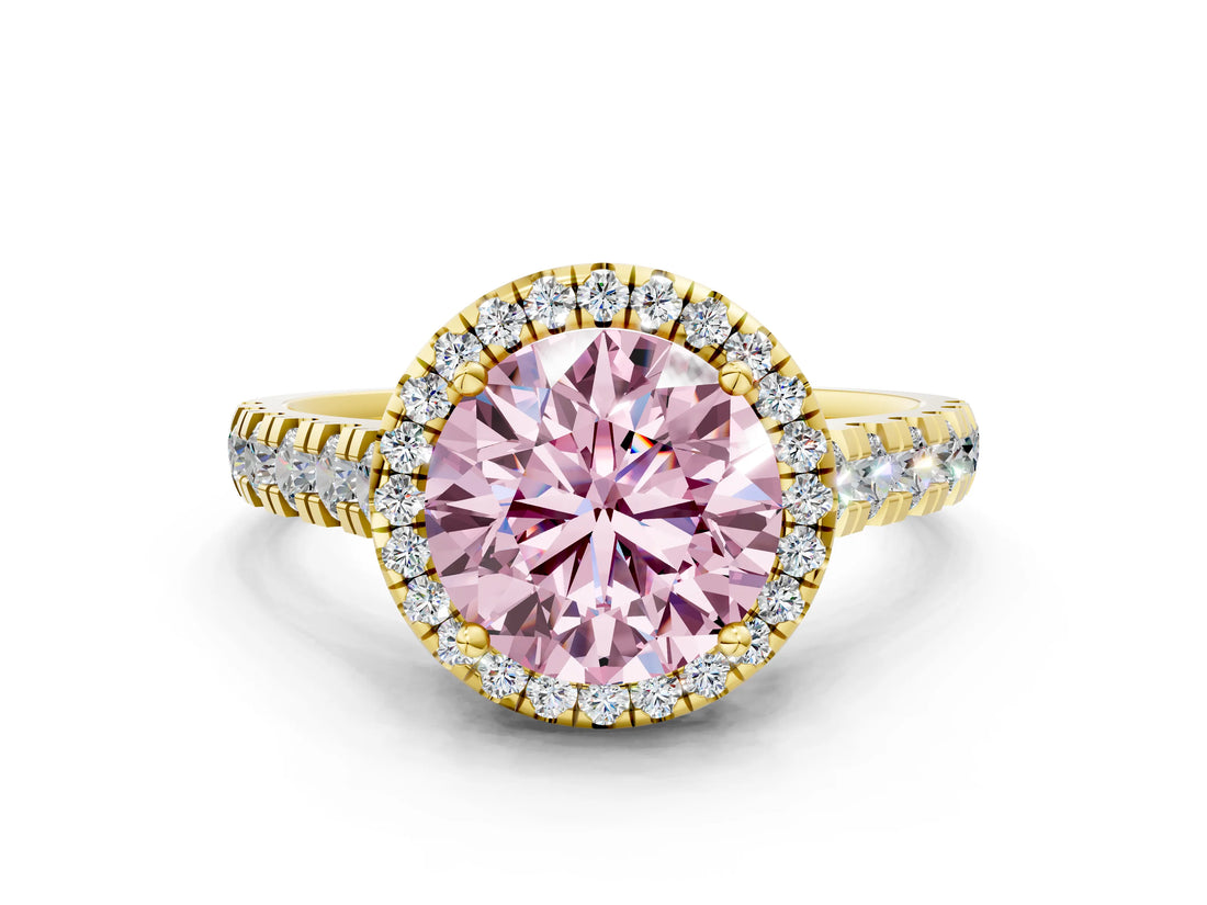 Yellow gold Fancy Pink Round  Halo Pavé Diamond Engagement Ring with Four-Prong Setting_129
