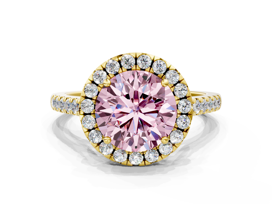 Yellow gold Fancy Pink Round  Halo Pavé Diamond Engagement Ring with Four-Prong Setting_3