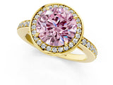 Yellow gold Fancy Pink Round  Halo Pave Band Solitaire Ring with Prong Setting_31