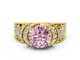 Yellow gold Fancy Pink Round  Halo Pave Diamond Engagement Ring with Milgrain Detailing_29