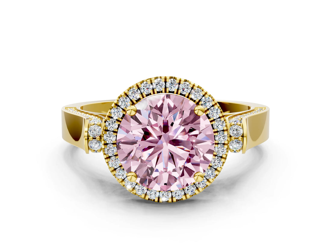 Yellow gold Fancy Pink Round  Halo Pave Split Shank Prong Setting Ring_26
