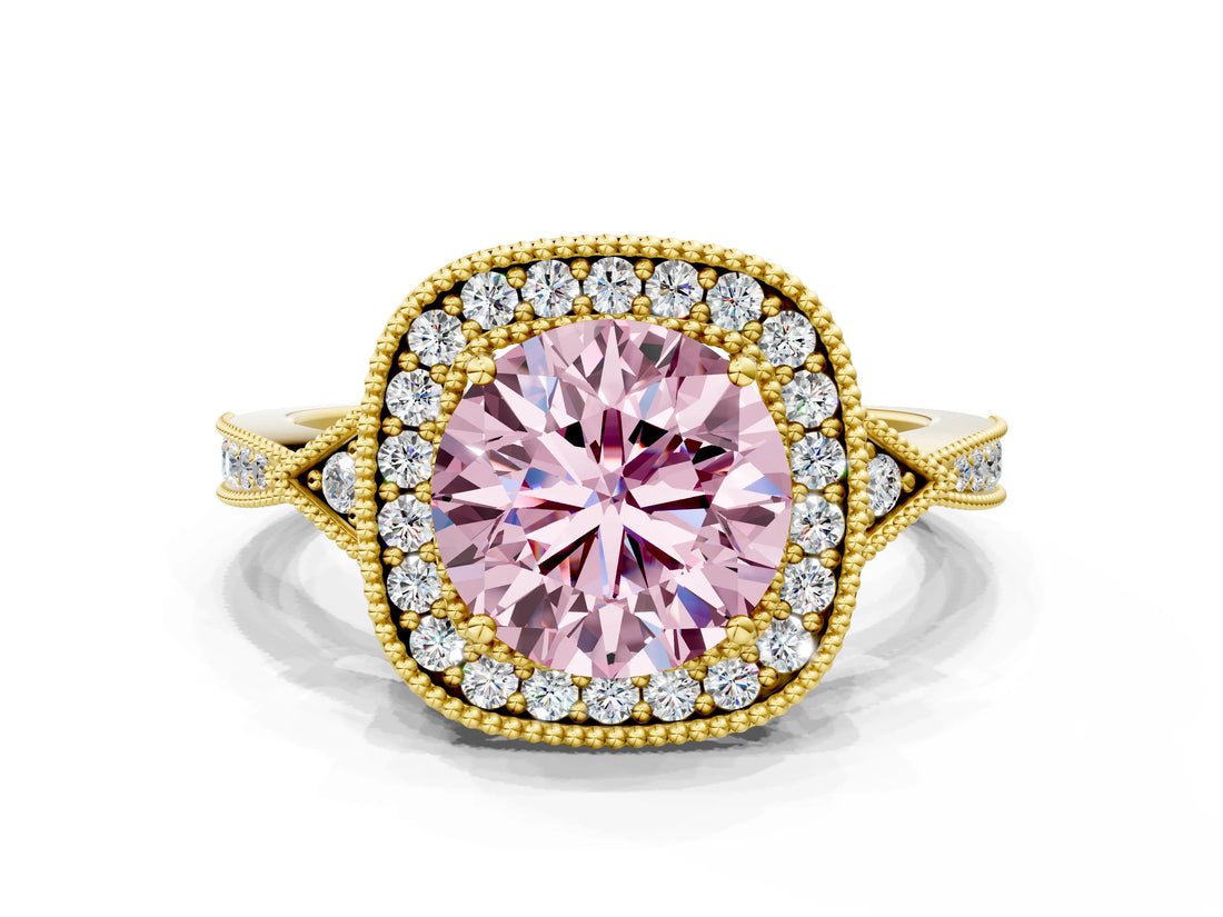 Yellow gold Fancy Pink Round  Halo Round Diamond Milgrain Pave Engagement Ring_3