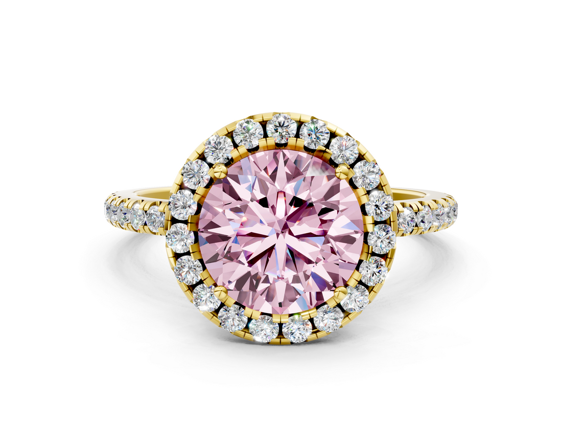Yellow gold Fancy Pink Round  Halo Round Diamond Pavé Band Four-Prong Ring_3