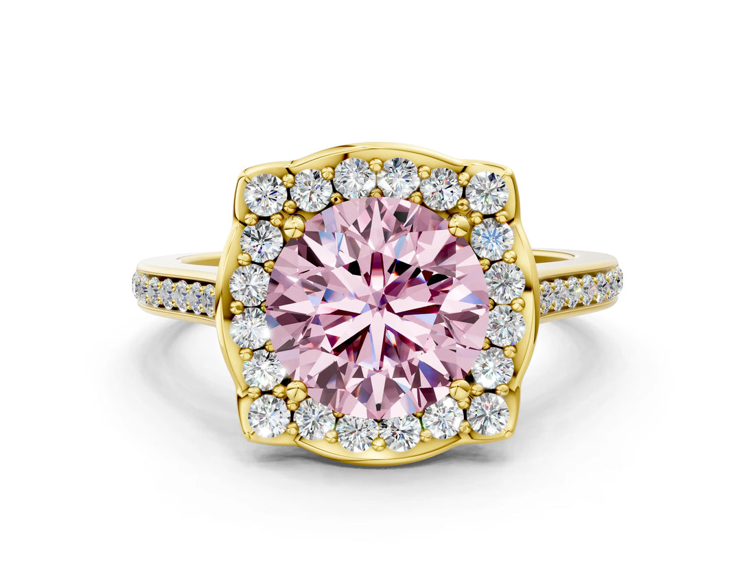 Yellow gold Fancy Pink Round  Halo Round Diamond Pave Band with Four-Prong Setting_43