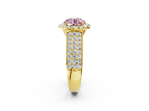 Yellow gold Fancy Pink Round  Halo Round Diamond Pave Band with Prong Setting