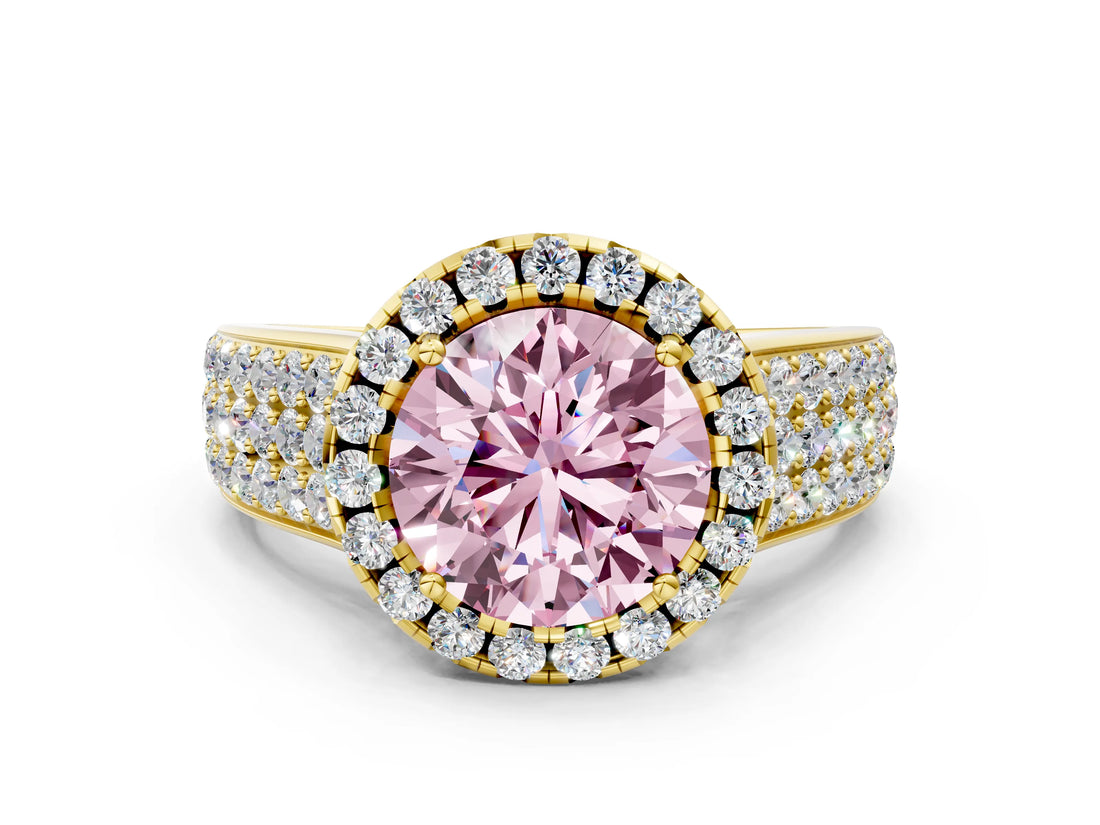 Yellow gold Fancy Pink Round  Halo Round Diamond Pave Band with Prong Setting