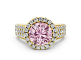 Yellow gold Fancy Pink Round  Halo Round Diamond Pave Band with Prong Setting