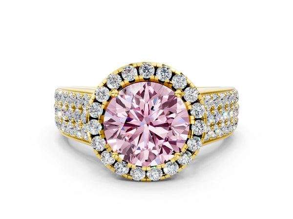 Yellow gold Fancy Pink Round  Halo Round Diamond Pave Band with Prong Setting
