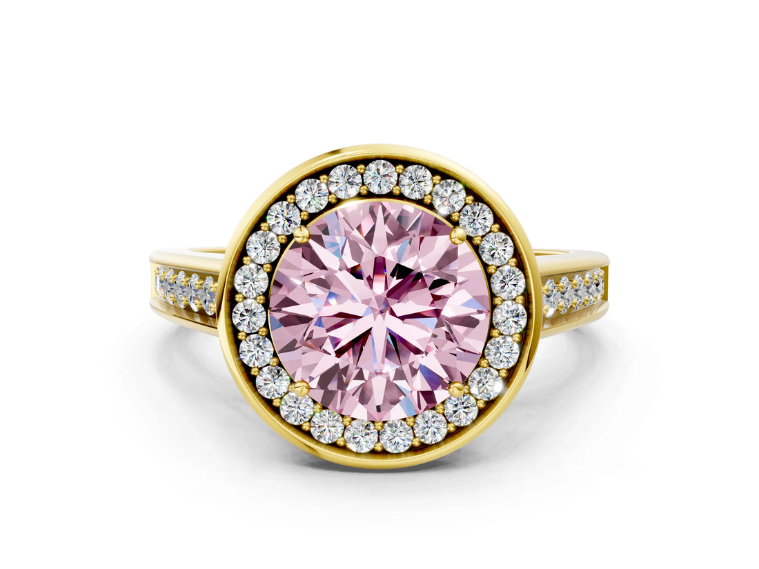 Yellow gold Fancy Pink Round  Halo Solitaire Diamond Ring with Pave Band and Bezel Setting_29