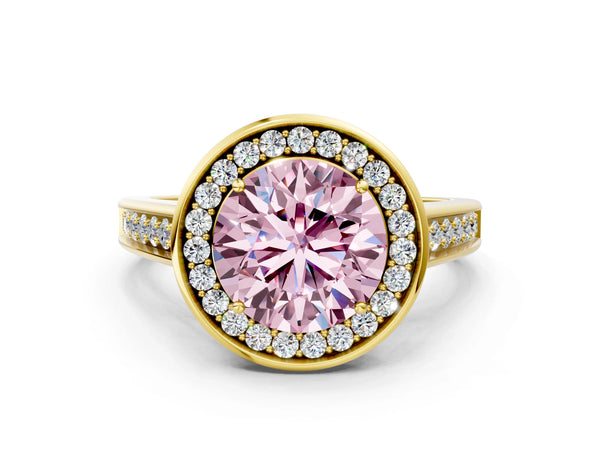 Yellow gold Fancy Pink Round  Halo Solitaire Diamond Ring with Pave Band and Bezel Setting