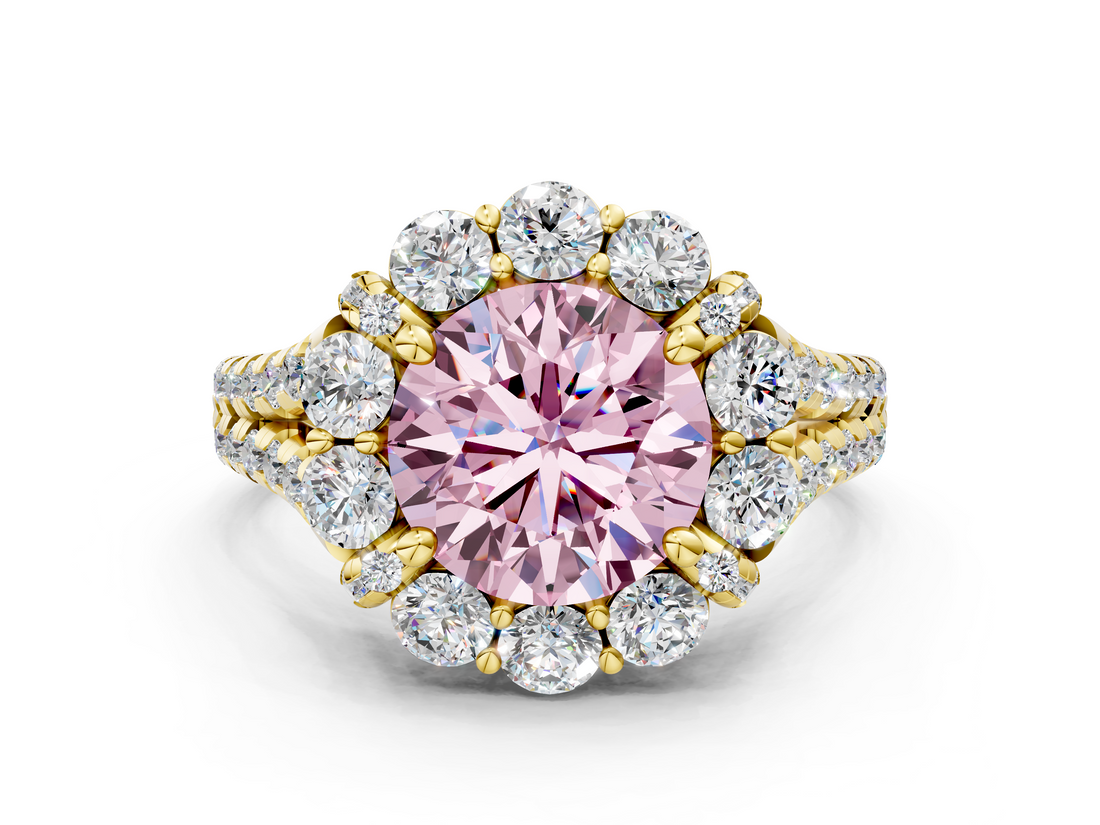 Yellow gold Fancy Pink Round  Halo Split Shank Diamond Engagement Ring with Pave Band and Four-Prong Setting