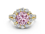 Yellow gold Fancy Pink Round  Halo Split Shank Diamond Engagement Ring with Pave Band and Four-Prong Setting
